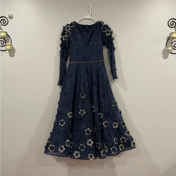 Mac Duggal 67809 Lace Floral Low V-neck Cocktail Midi Dress Gown Midnight 4 - Picture 6 of 10